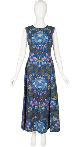 1960s "Louvaine" Art Nouveau Floral Print Cotton Maxi Dress