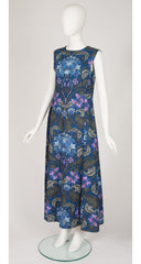 1960s "Louvaine" Art Nouveau Floral Print Cotton Maxi Dress