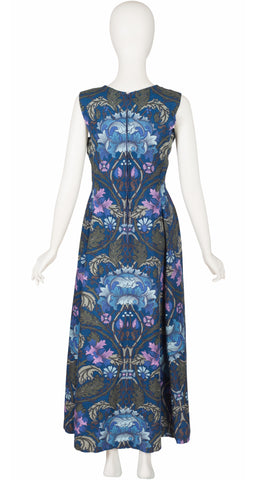 1960s "Louvaine" Art Nouveau Floral Print Cotton Maxi Dress