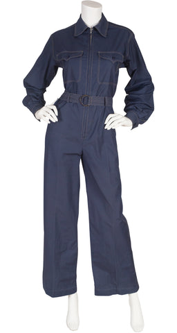 1970s Safari Navy Cotton Collared Jumpsuit