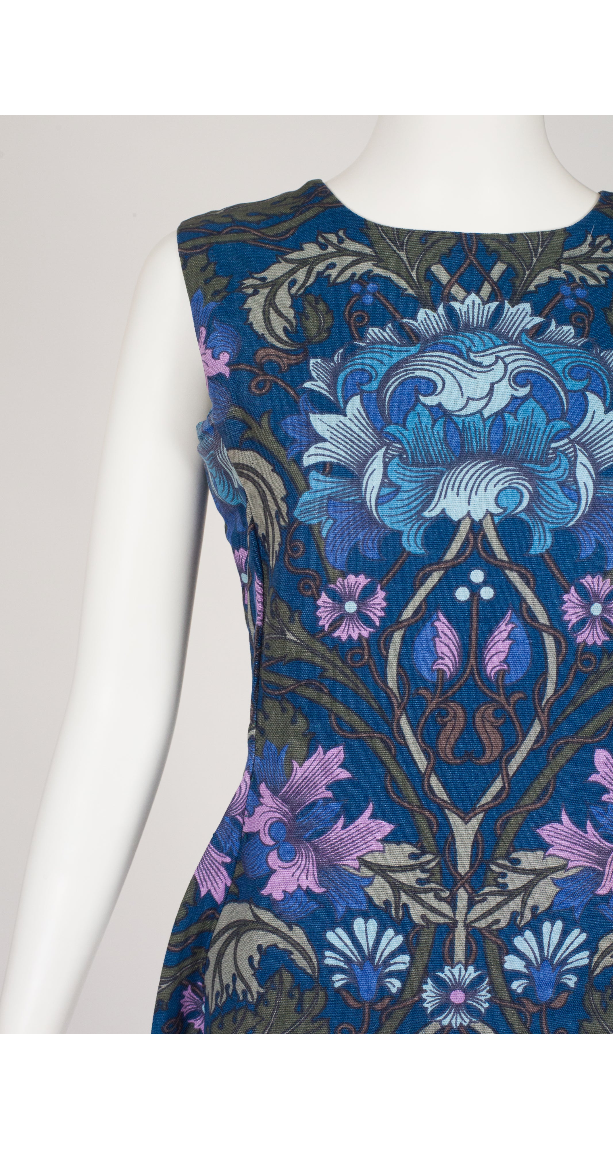 1960s "Louvaine" Art Nouveau Floral Print Cotton Maxi Dress