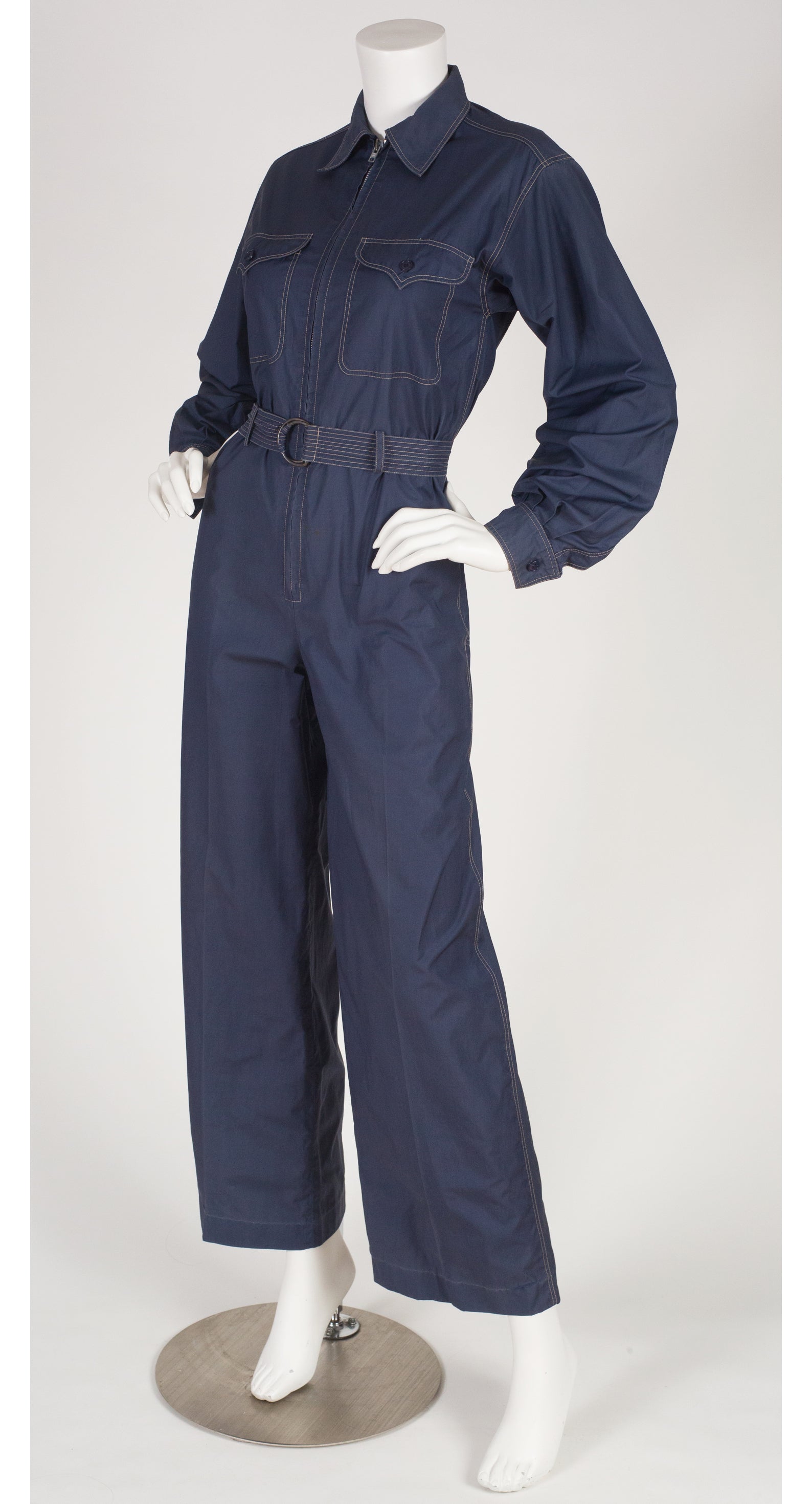 1970s Safari Navy Cotton Collared Jumpsuit