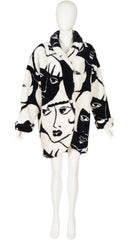 1980s Graphic Face Print Black & White Faux Fur Coat
