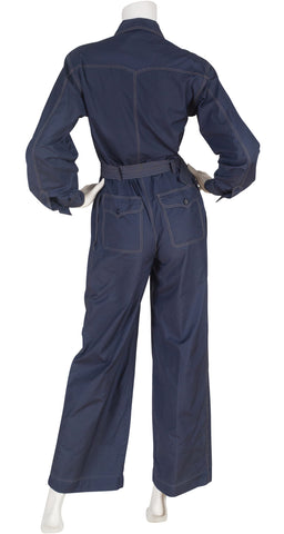 1970s Safari Navy Cotton Collared Jumpsuit