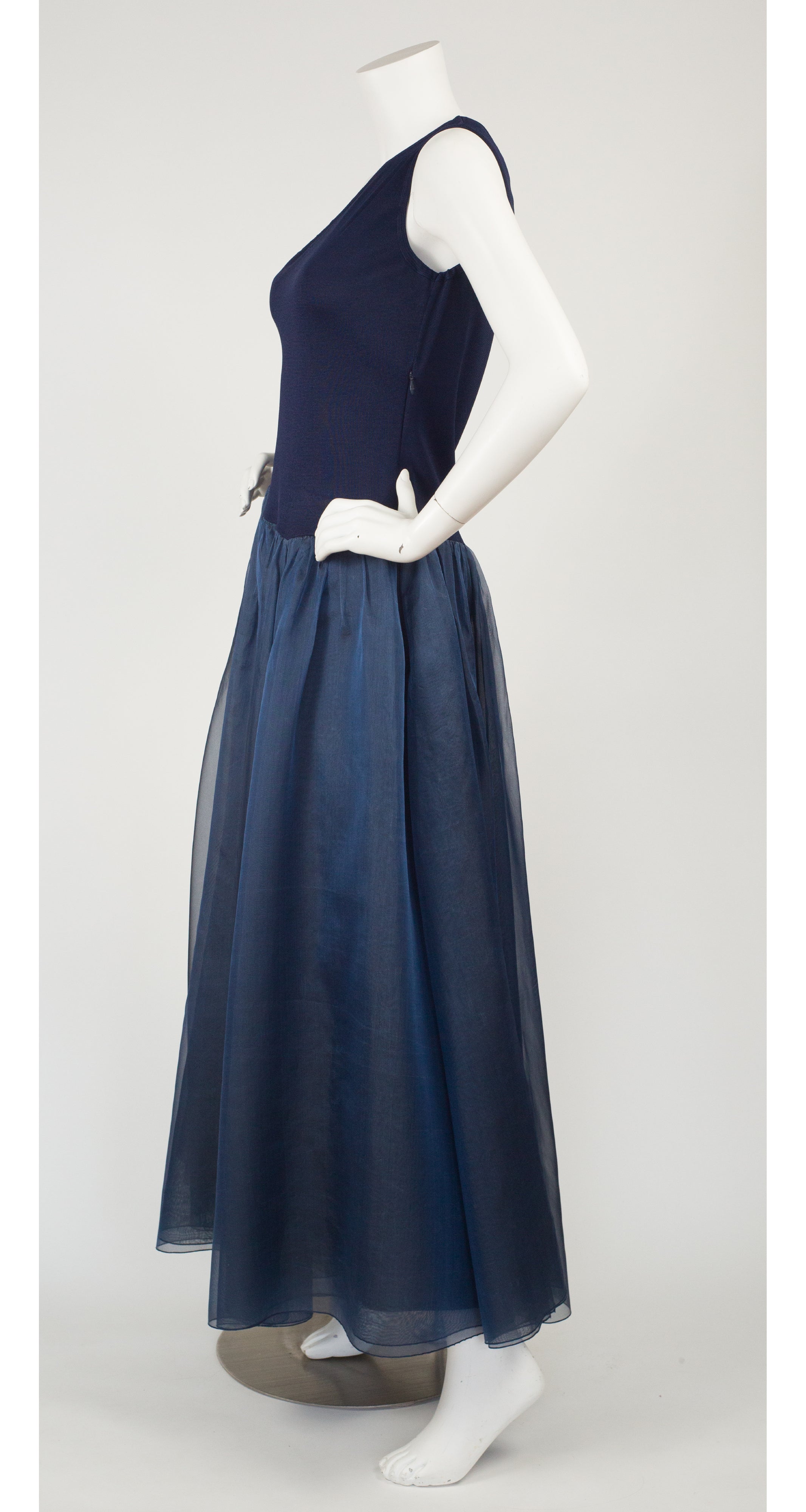 1990s Rayon Knit & Silk Organza One-Shoulder Gown
