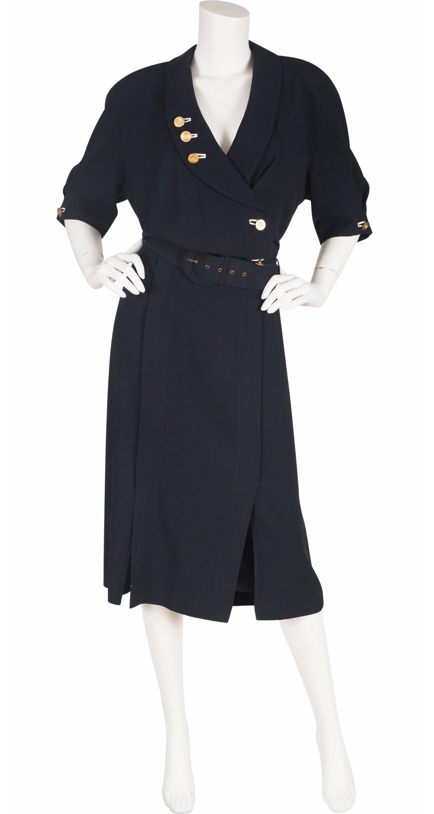 1990s Nautical Navy Crepe Short Sleeve Dress