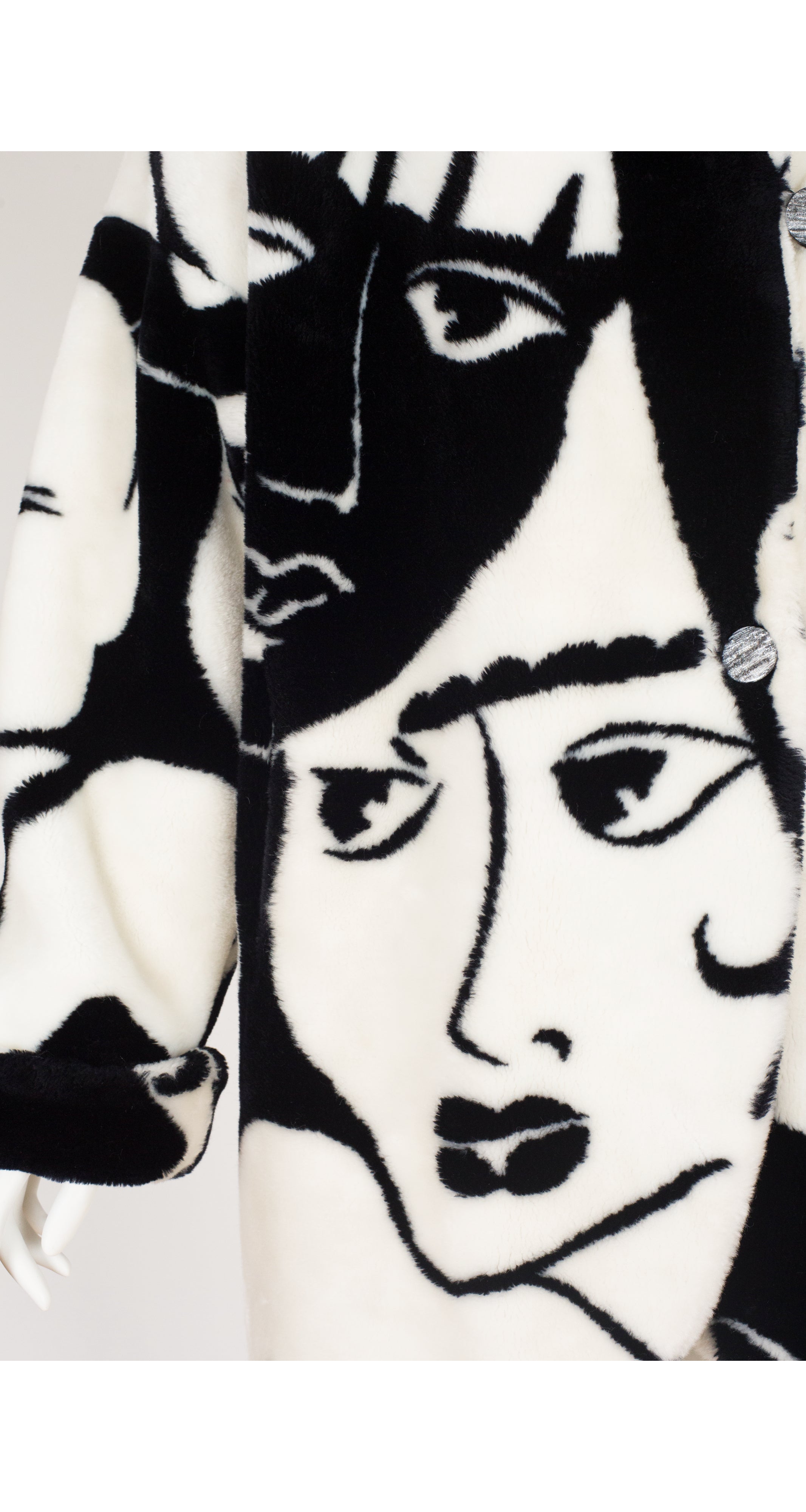 1980s Graphic Face Print Black & White Faux Fur Coat