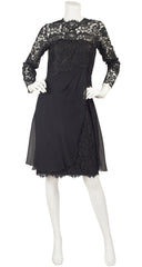 1990s Black Lace & Silk Chiffon Cocktail Dress