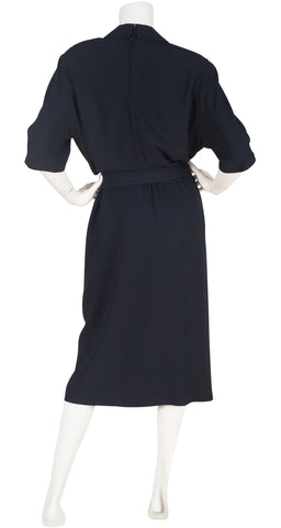 1990s Nautical Navy Crepe Short Sleeve Dress