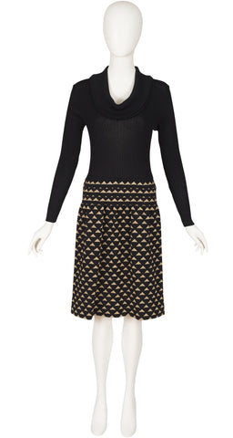 1970s Gold Lurex Black Knit Cowl Neck Dress