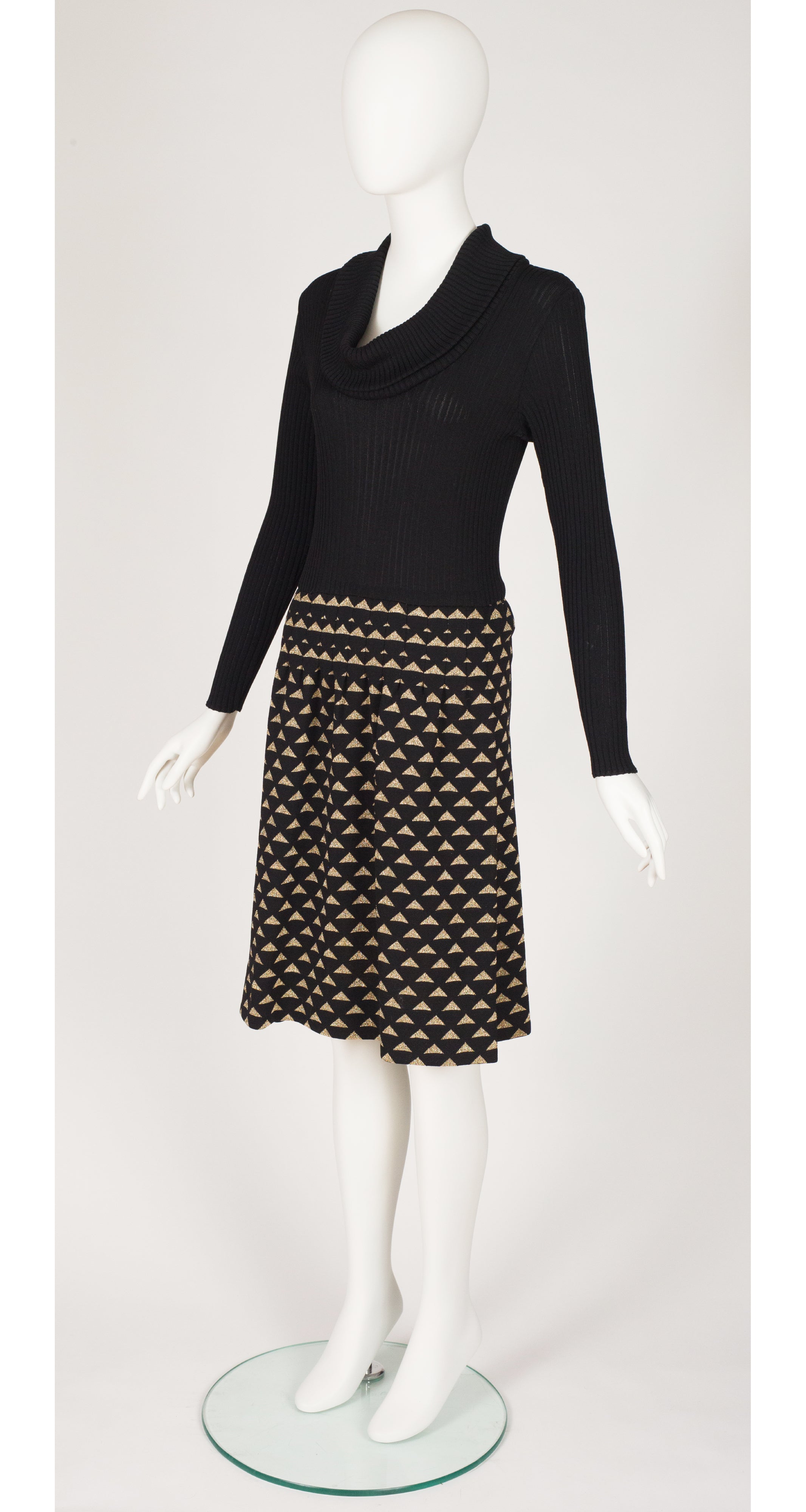 1970s Gold Lurex Black Knit Cowl Neck Dress