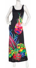1970s Psychedelic Floral Black Beach Maxi Dress