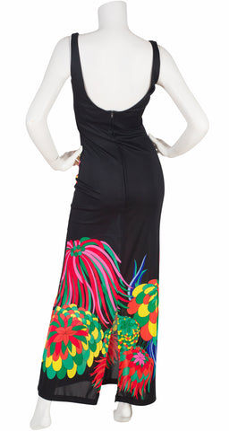 1970s Psychedelic Floral Black Beach Maxi Dress