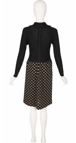 1970s Gold Lurex Black Knit Cowl Neck Dress