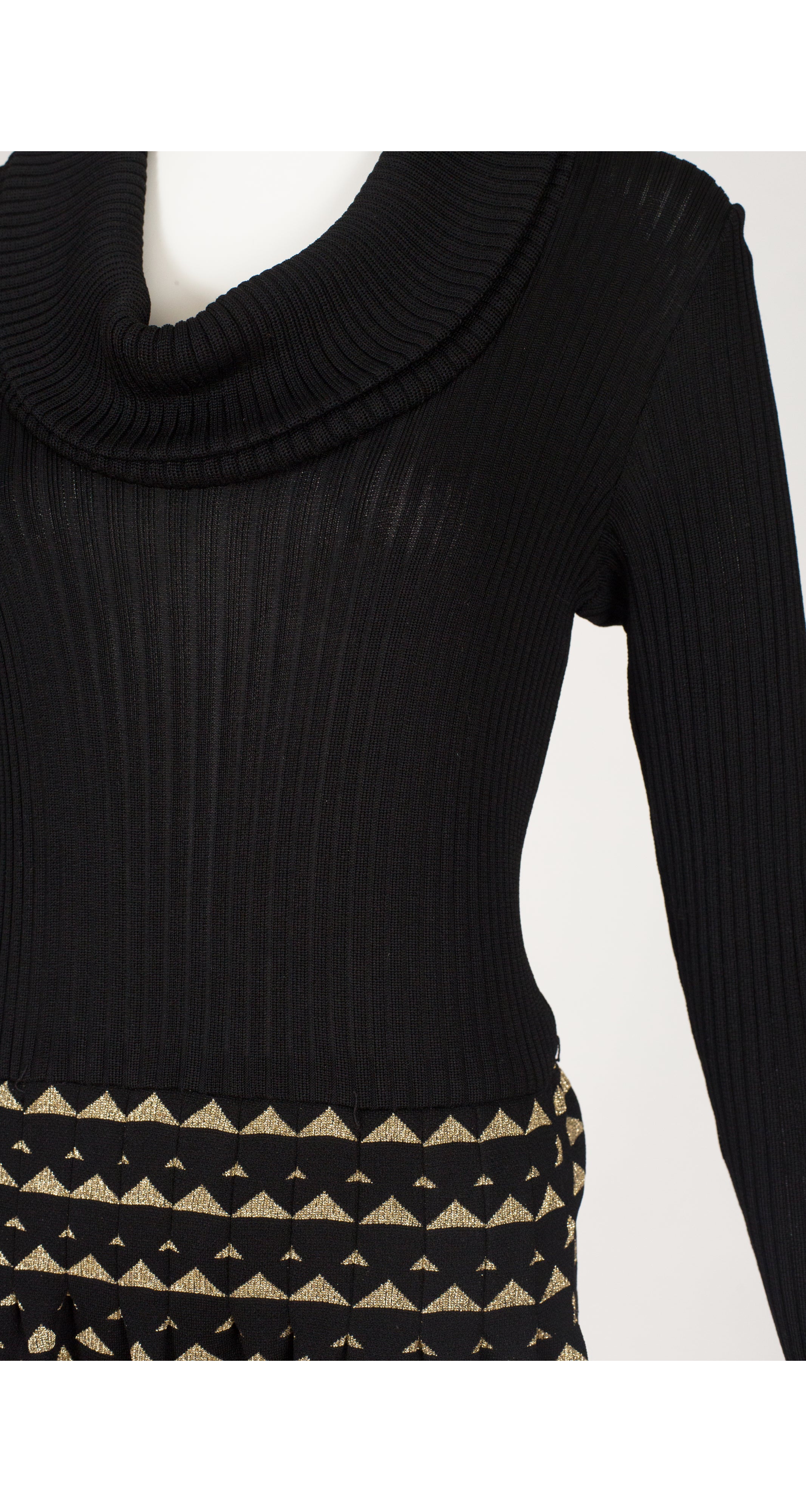 1970s Gold Lurex Black Knit Cowl Neck Dress