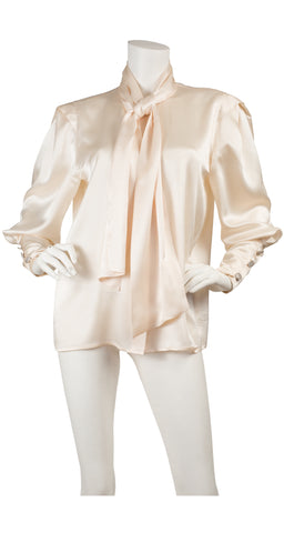 1980s Cream Silk Ascot Tie Blouse