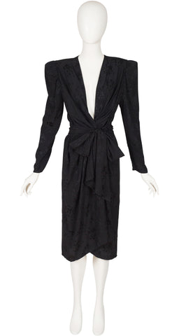 1980s Black Jacquard Silk Plunge Neck Wrap Dress