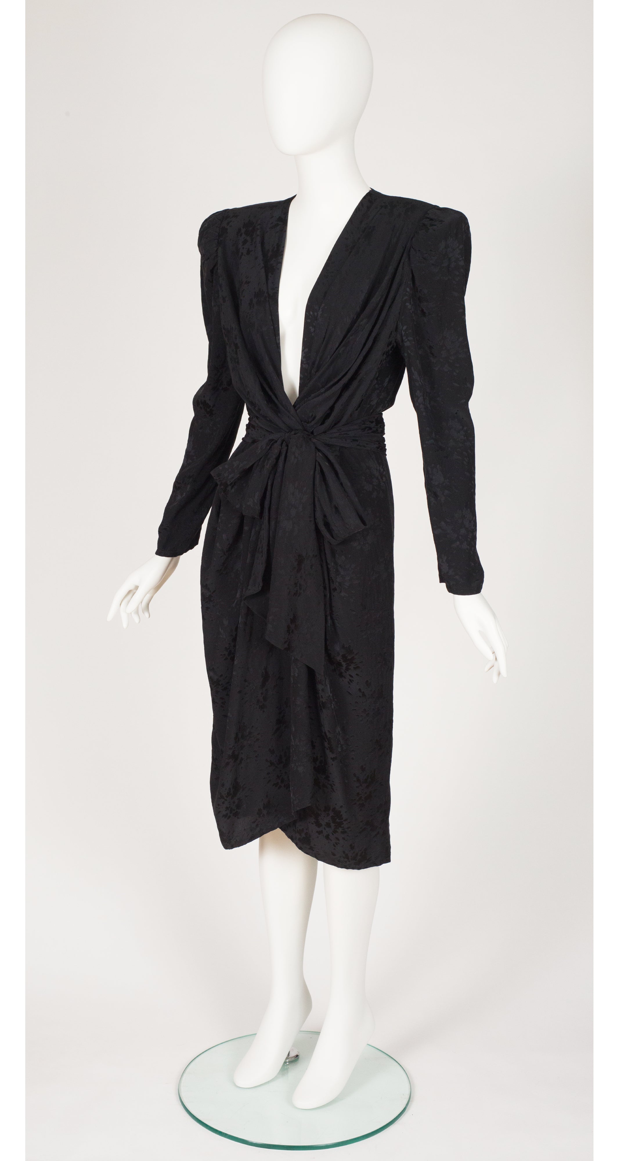 1980s Black Jacquard Silk Plunge Neck Wrap Dress