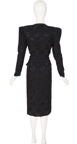 1980s Black Jacquard Silk Plunge Neck Wrap Dress
