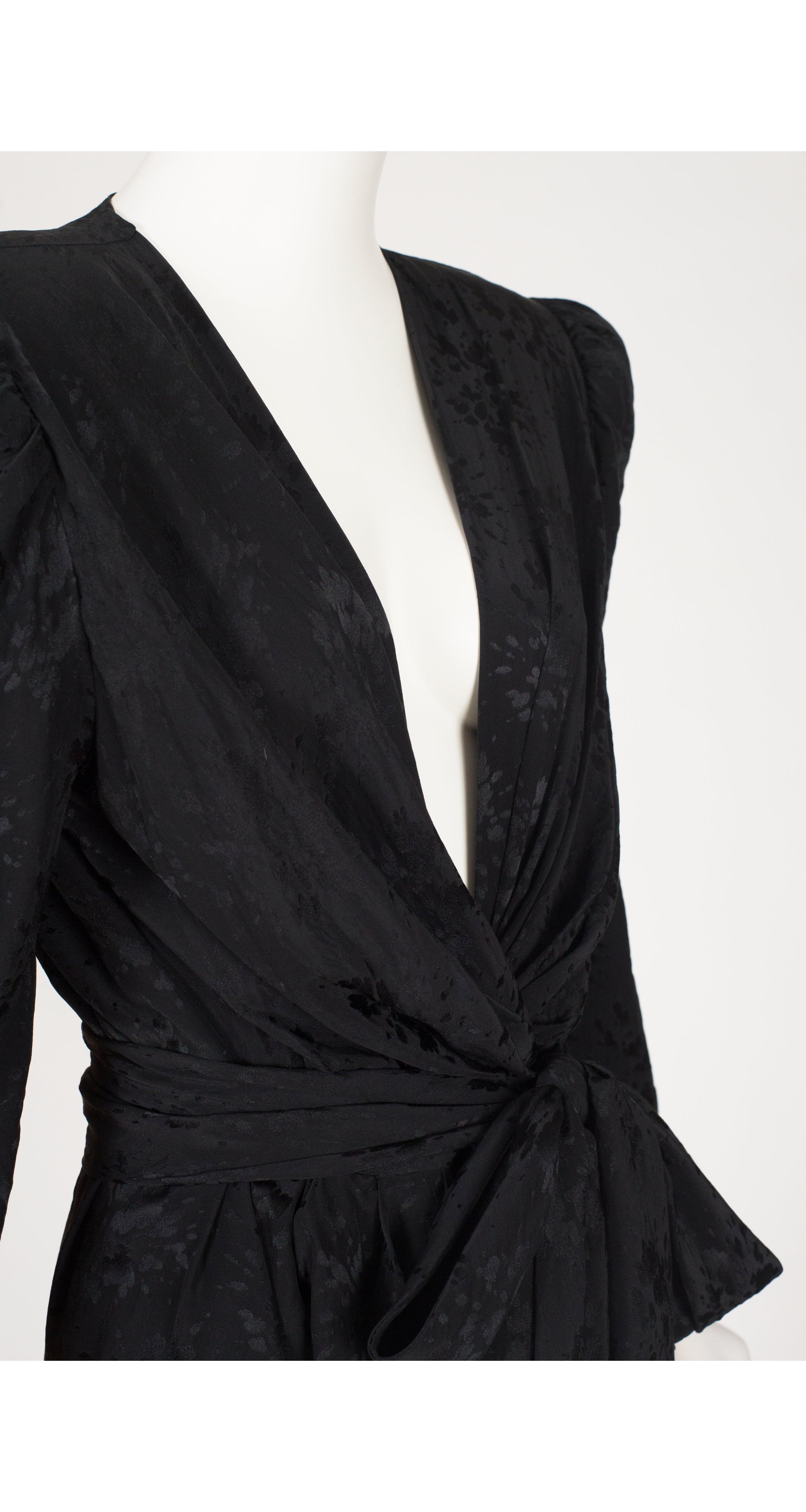 1980s Black Jacquard Silk Plunge Neck Wrap Dress