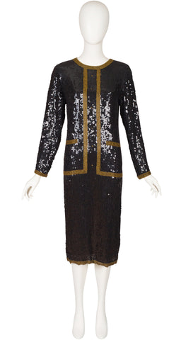 1980s Tuxedo Trompe L'oeil Black Sequin Evening Dress