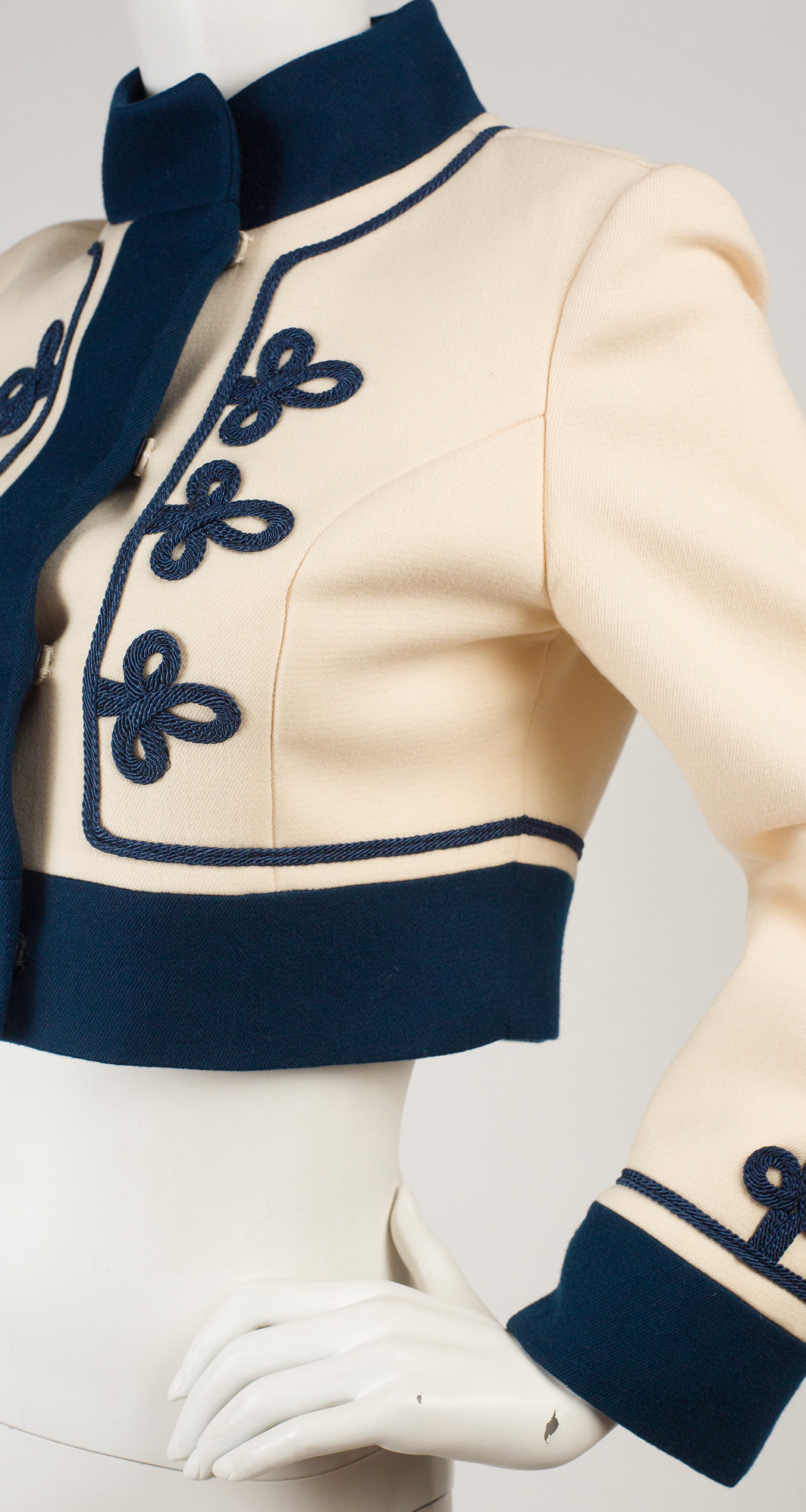 1960s Cream & Navy Wool Cropped Marching Band Jacket