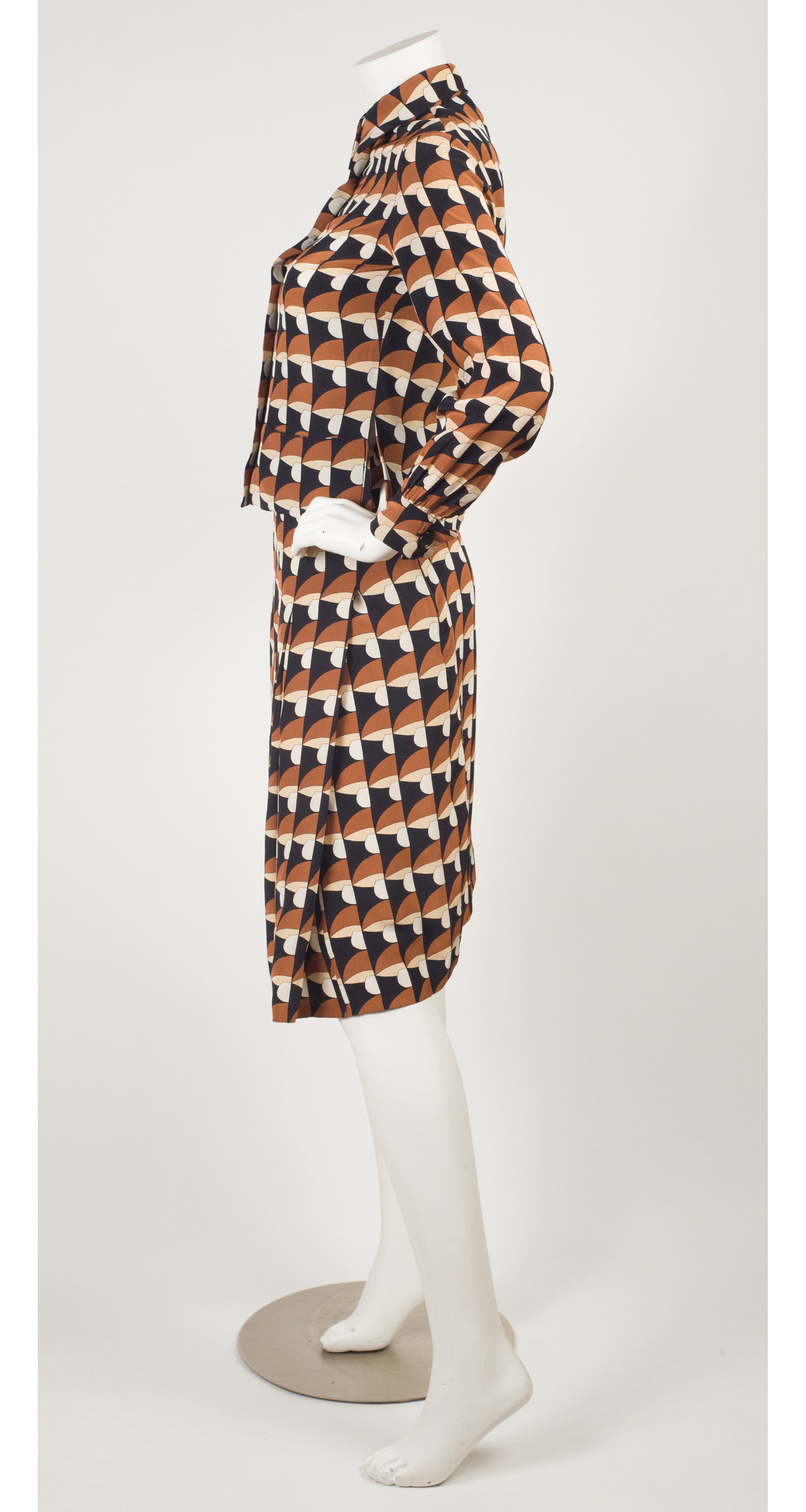 1973 S/S Runway Mushroom Print Silk Crepe Jacket & Skirt Set