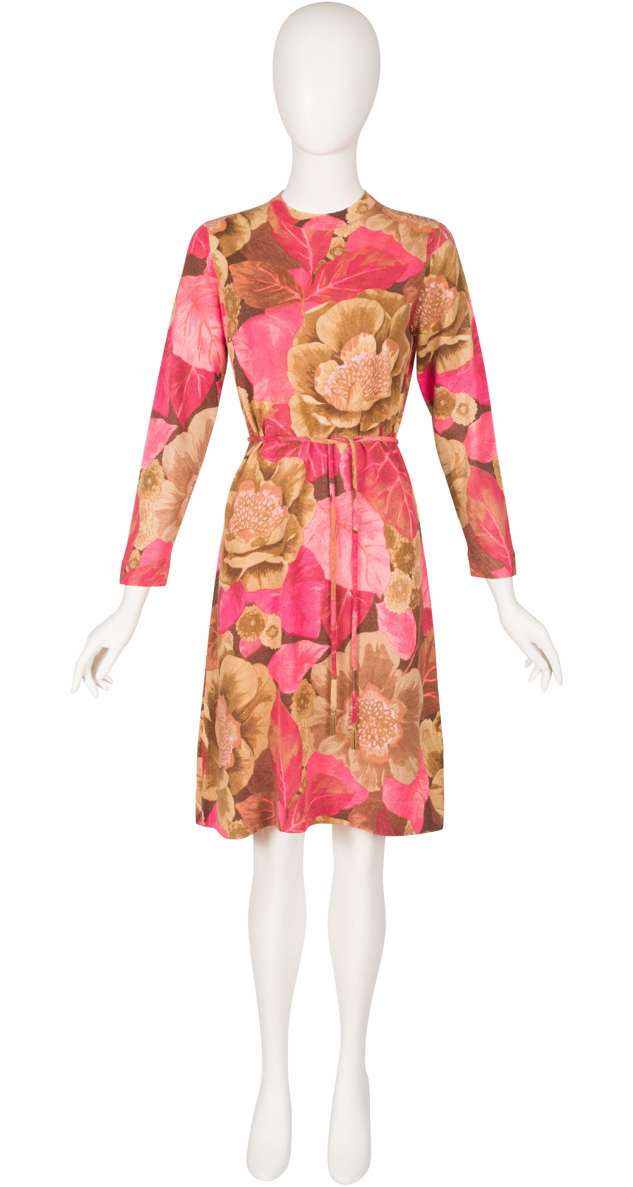 1960s Pink Floral Wool Knit Belted Dress