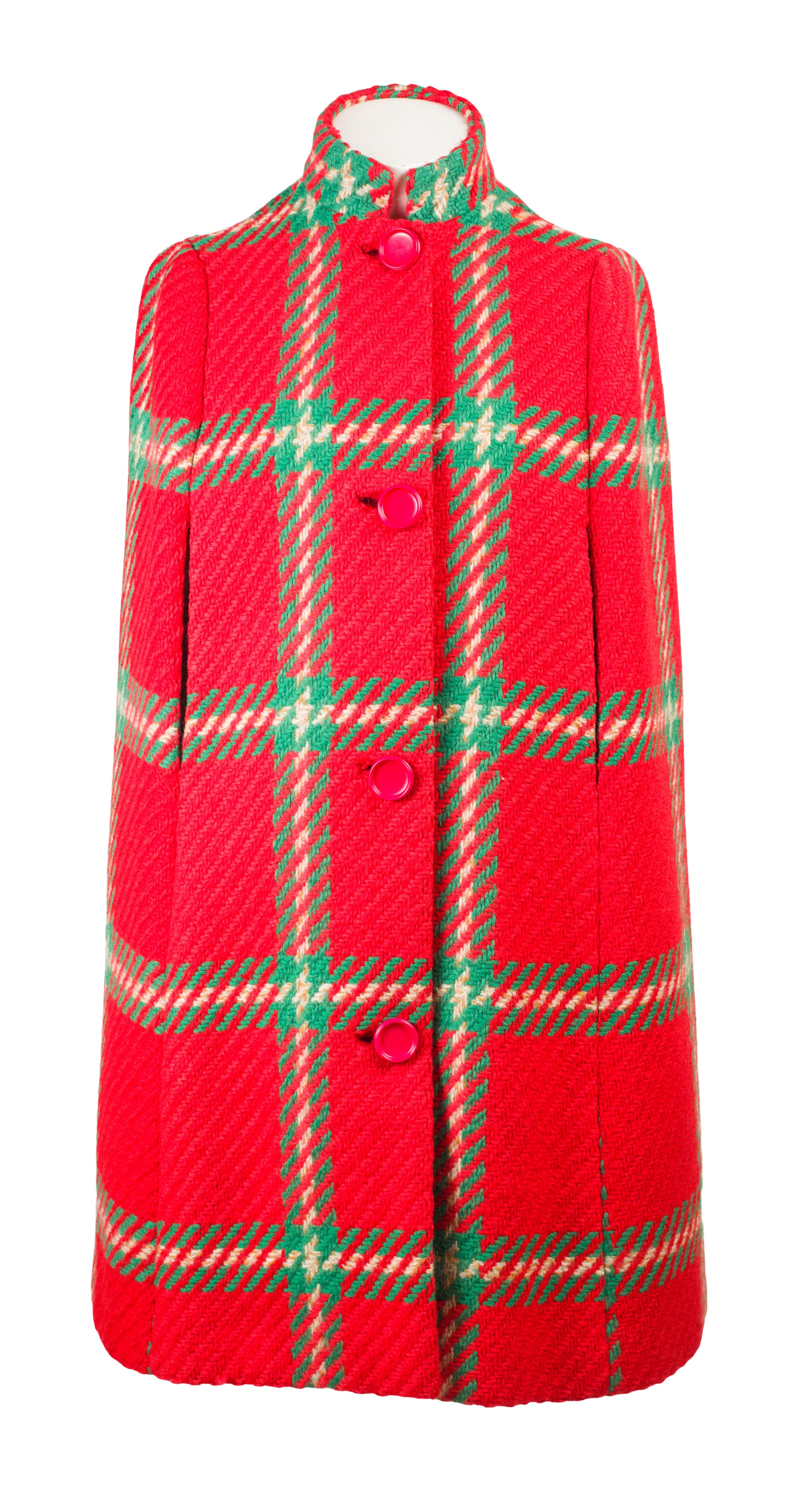 1960s Mod Red & Green Plaid Wool Cape