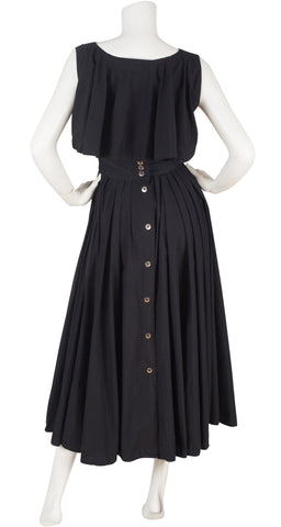 1980s Black Cotton Poplin Cape-Back Midi Dress