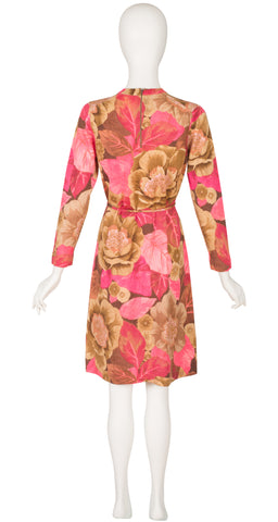 1960s Pink Floral Wool Knit Belted Dress