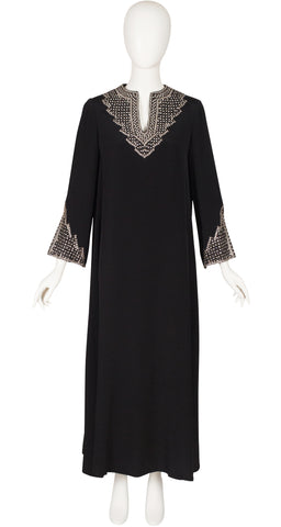 1970s Rhinestone Black Crepe Evening Caftan