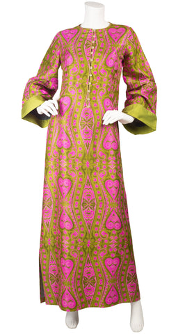 1970s Gold Stenciled Pink & Green Raw Silk Caftan