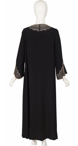1970s Rhinestone Black Crepe Evening Caftan
