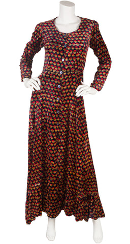 1970s Indian Floral Rayon Velvet Maxi Dress