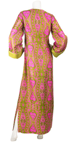 1970s Gold Stenciled Pink & Green Raw Silk Caftan