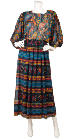 1970s Floral Chiffon Balloon Sleeve Dress