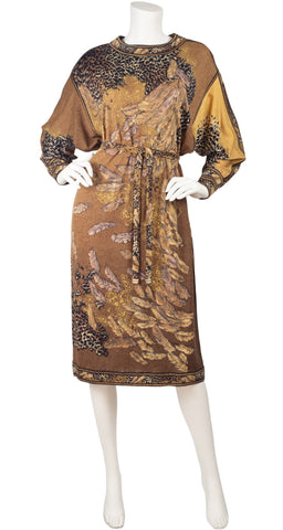 1980s Pheasant Animal Print Wool & Silk Dolman Sleeve Dress