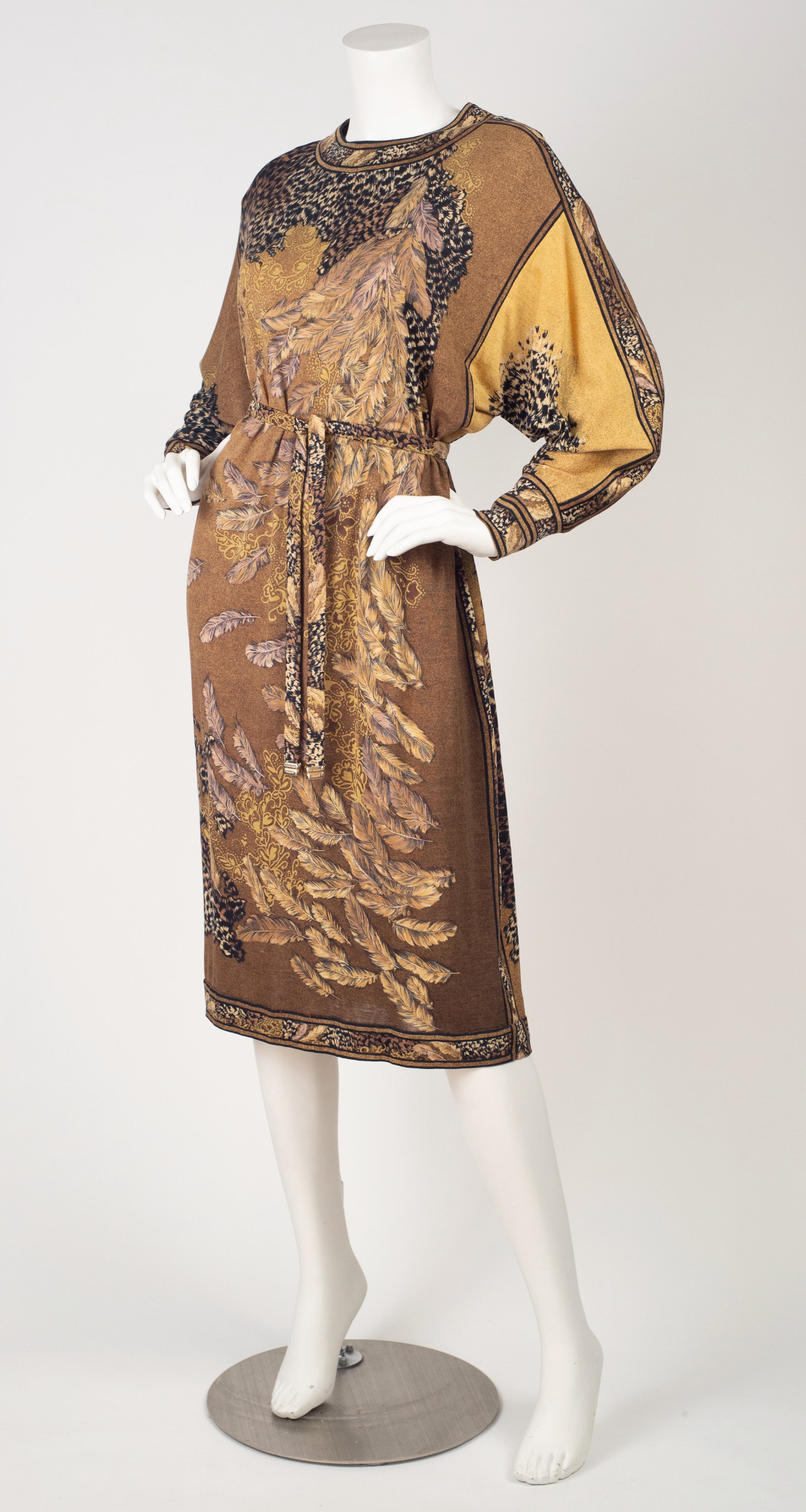 1980s Pheasant Animal Print Wool & Silk Dolman Sleeve Dress