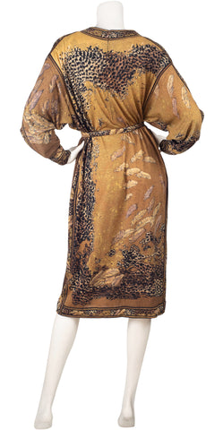 1980s Pheasant Animal Print Wool & Silk Dolman Sleeve Dress