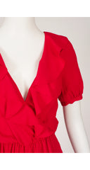 1970s Red Crepe Ruffle Collar Harem Jumpsuit