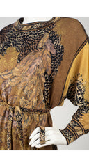 1980s Pheasant Animal Print Wool & Silk Dolman Sleeve Dress