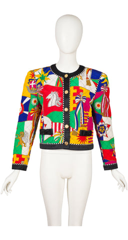 1991 Ad Campaign Novelty Print Quilted Silk Bomber Jacket