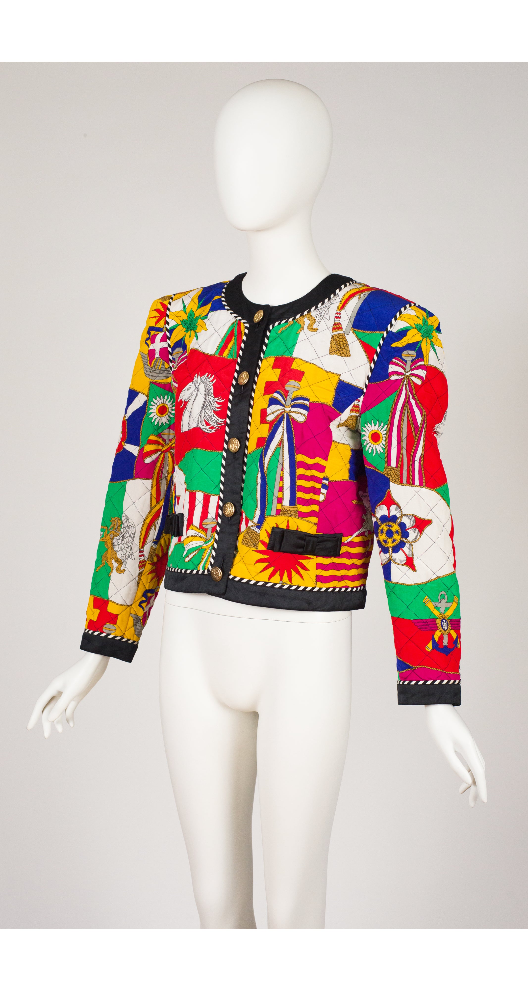 1991 Ad Campaign Novelty Print Quilted Silk Bomber Jacket