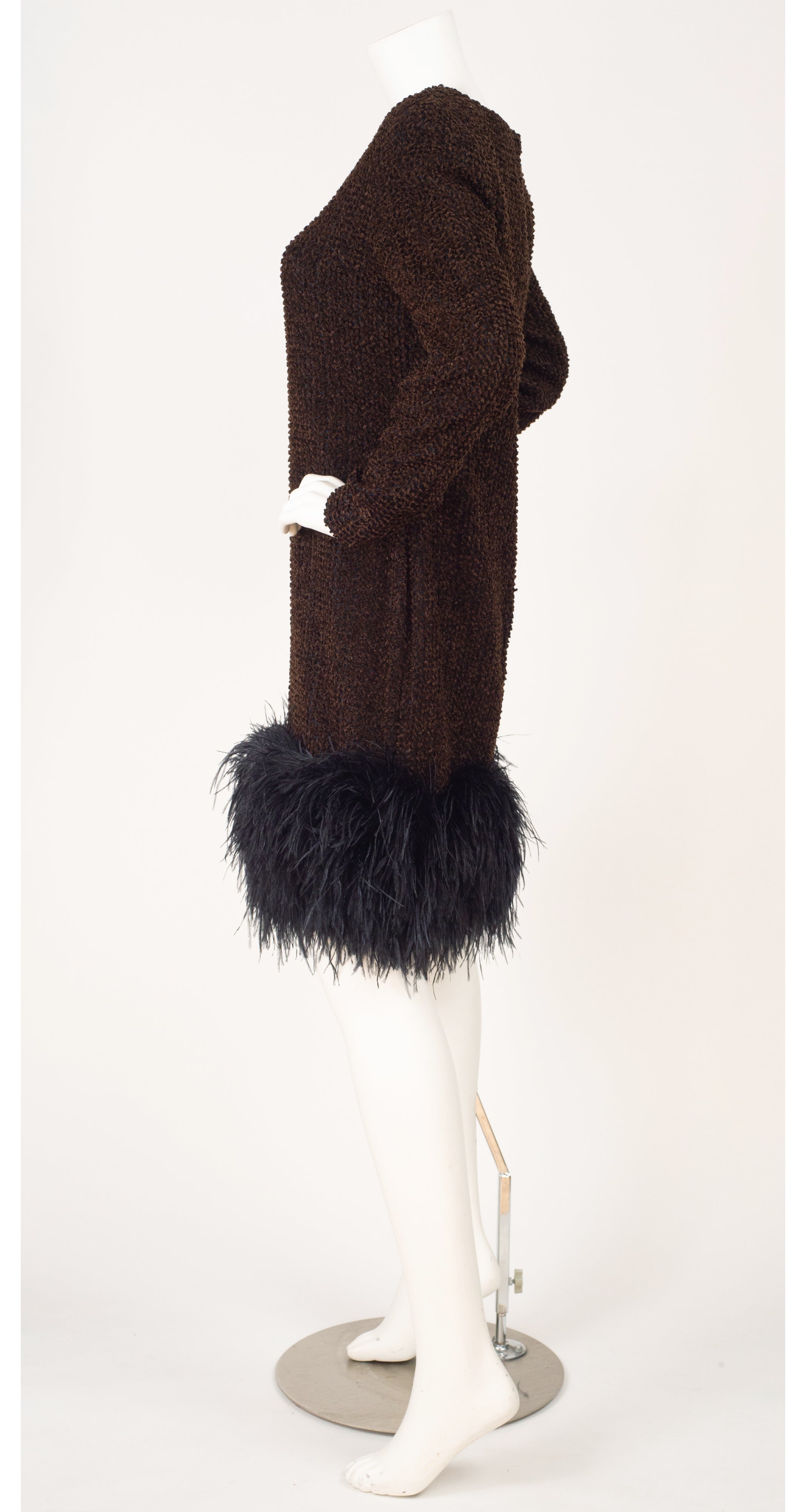 1990s Brown Chenille Ostrich Feather Trim Cocktail Dress