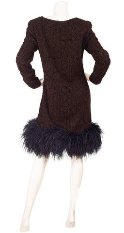1990s Brown Chenille Ostrich Feather Trim Cocktail Dress