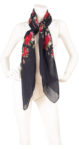 1977 S/S Runway Huge Red Rose Print Black Cotton Scarf