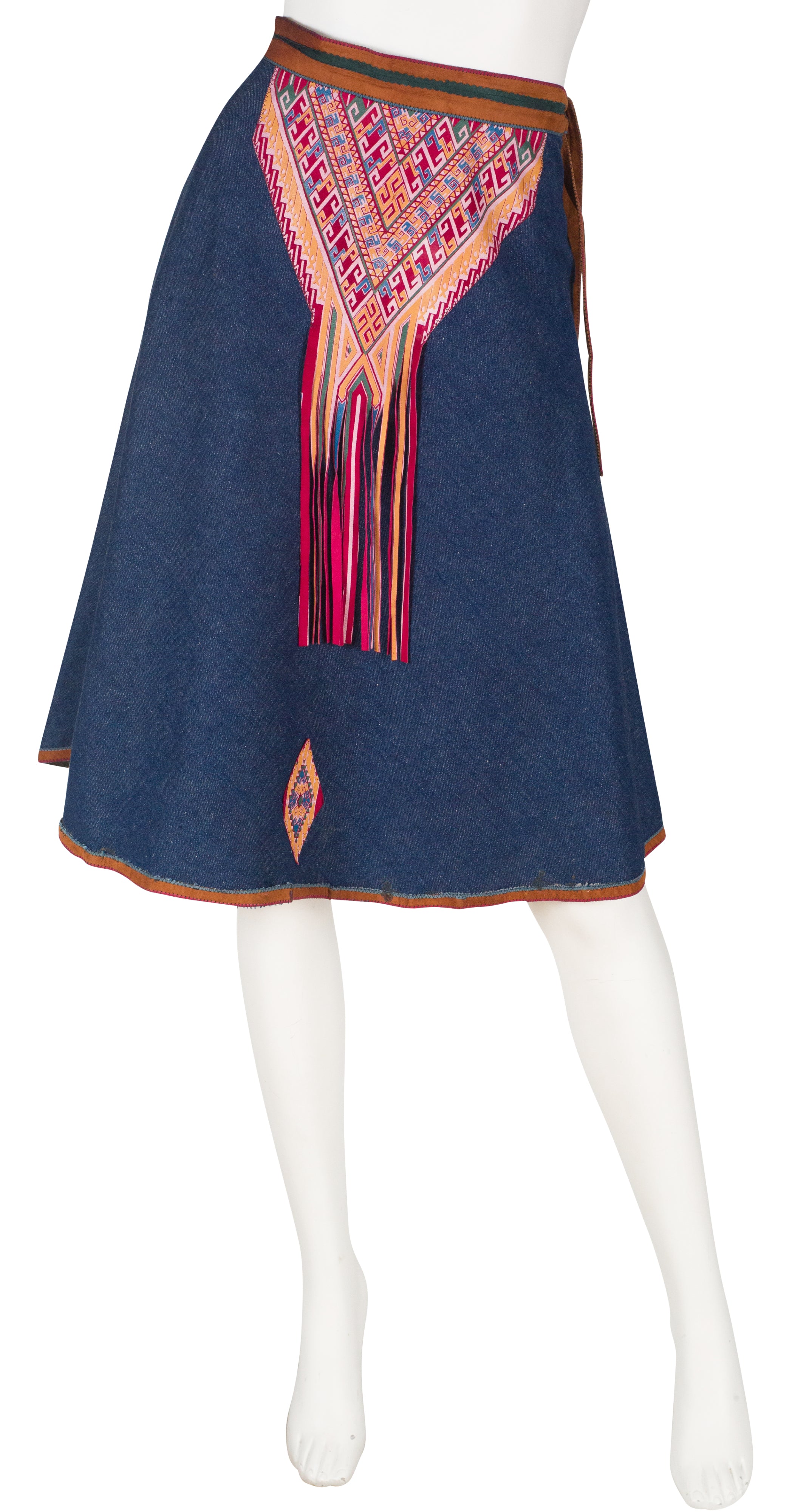 1970s Fringe Painted Suede Denim Skirt
