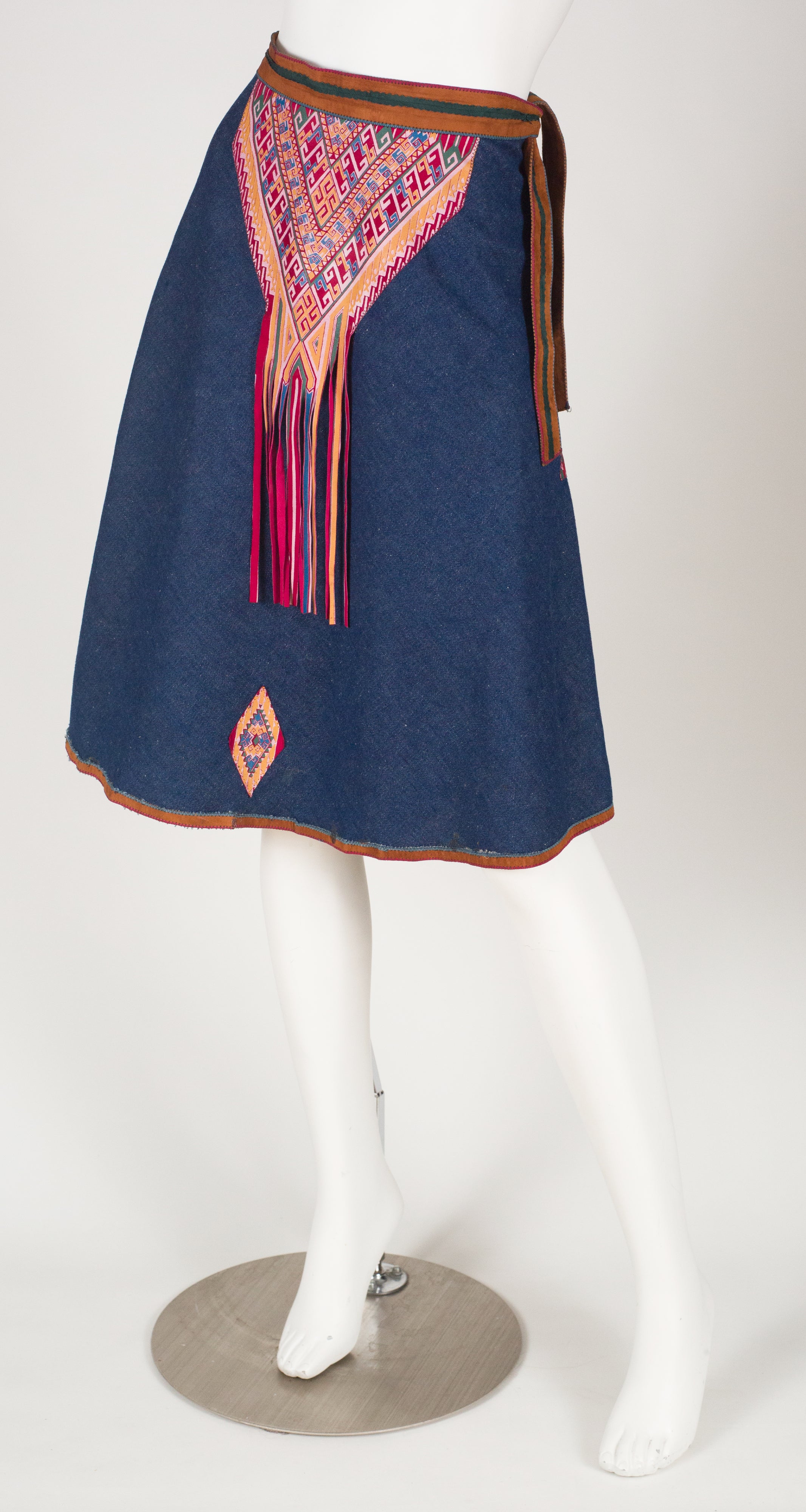 1970s Fringe Painted Suede Denim Skirt