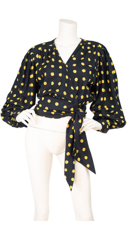 1991 S/S Yellow & Black Polka-Dot Billowing Sleeve Wrap Blouse